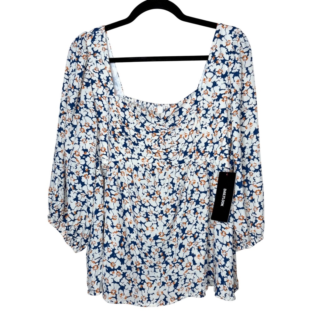 NEW MTS Dailylook Womens 1X Floral Square Neck Smocked Balloon Sleeve Blouse